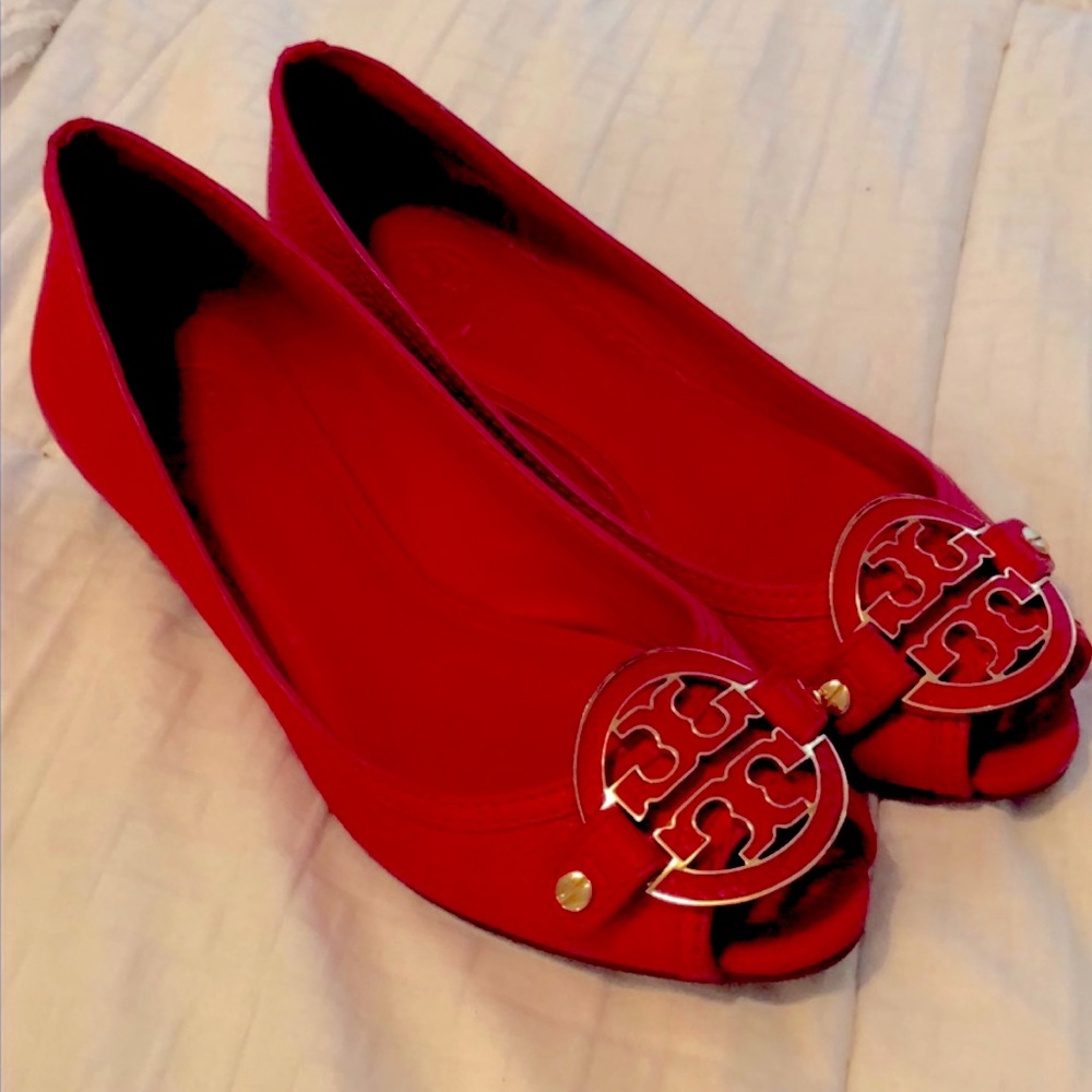 Tory Burch Red Open Toe Leather Short Wedges